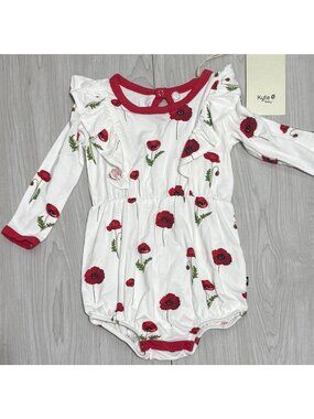 Kyte Baby 6-12m NWT Cloud red poppy bubble romper ruffle white red bamboo